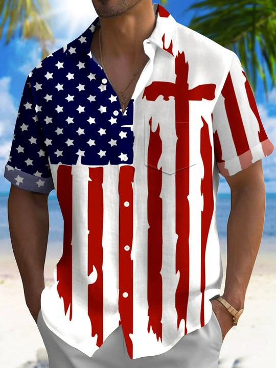 Men's American flag print short sleeve shirt front view for Independence Day