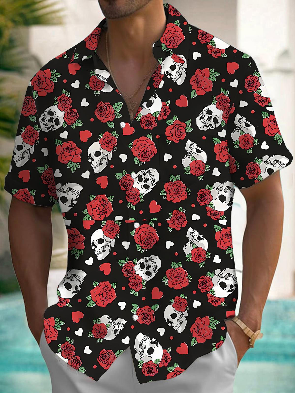 Rose Skull Men's Pocket Short Sleeve Shirts