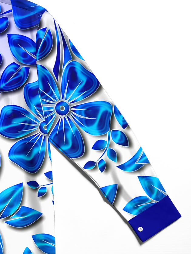 Men's floral long sleeve shirt close-up detail view