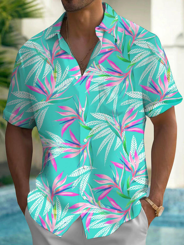 Men's Hawaiian Leaf Short Sleeve Shirt Front View for Tropical Beach Vacation