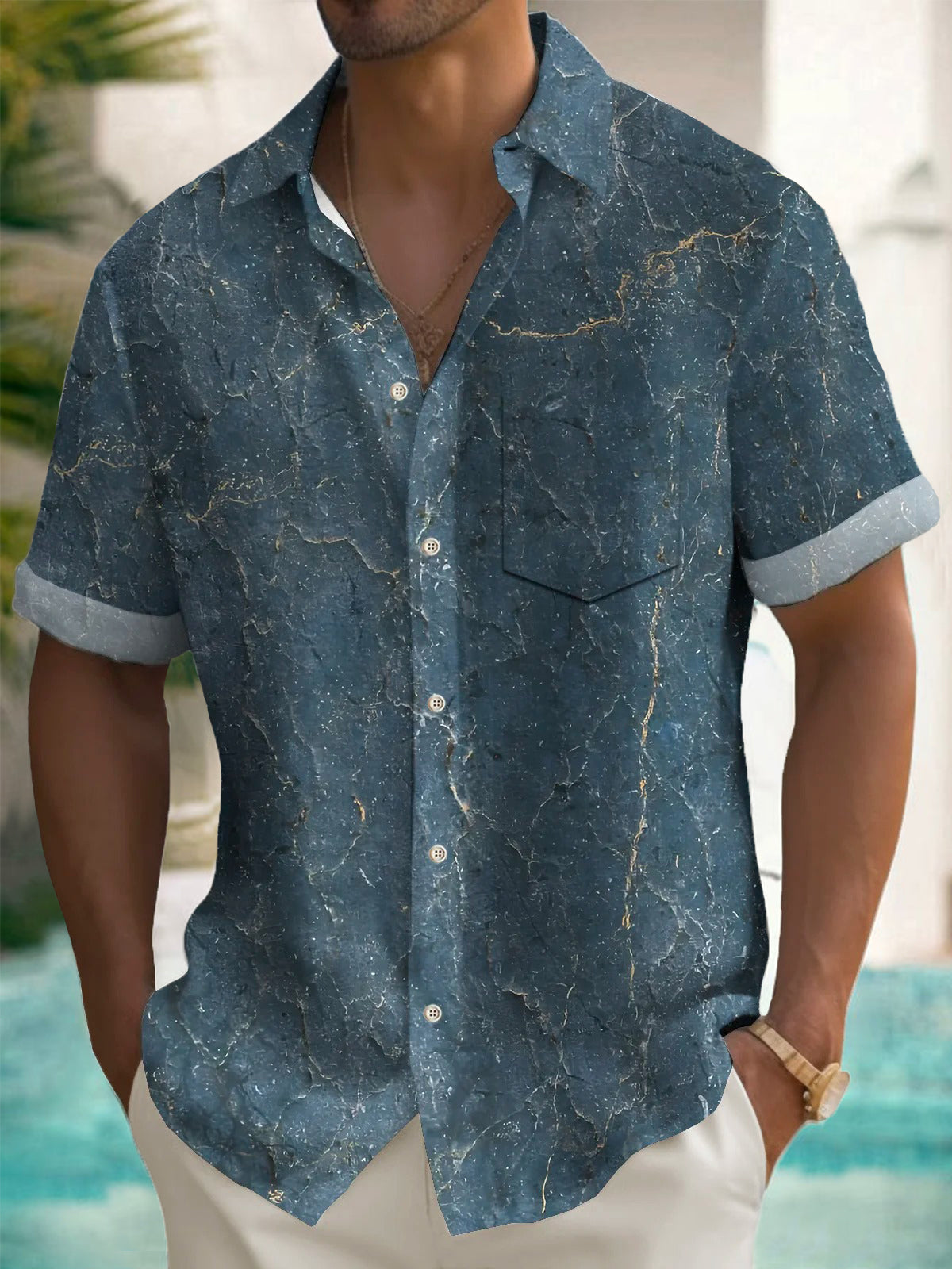 Vintage Abstract Texture Print Men's Pocket Short Sleeve Shirts