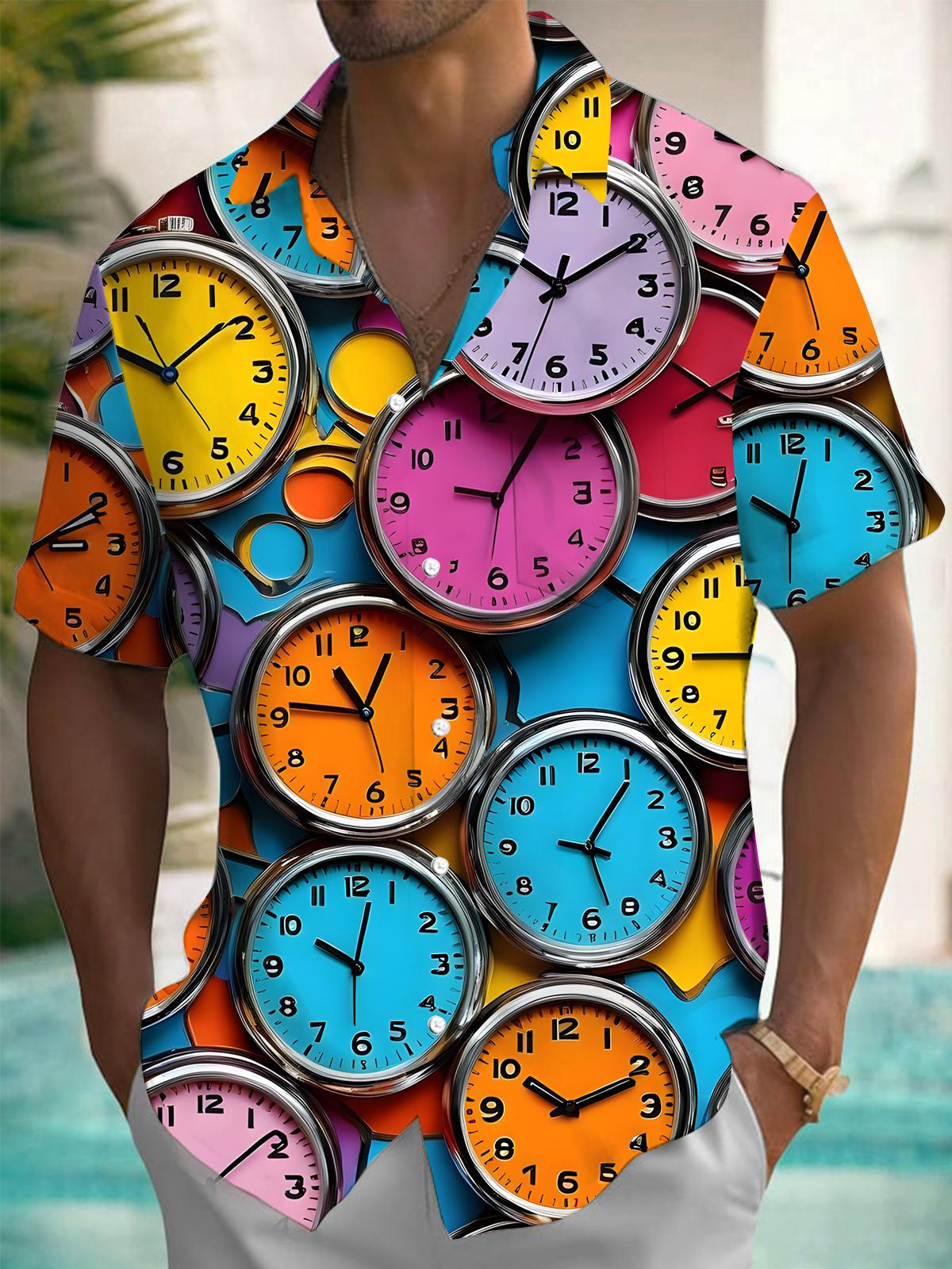 Clock Print Men's Pocket Short Sleeve Shirts