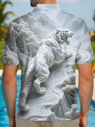 Men's short sleeve forest tiger art print polo shirt back view