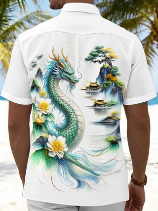 Dragon Mountain Landscape Lotus Men's Pocket Short Sleeve Shirts