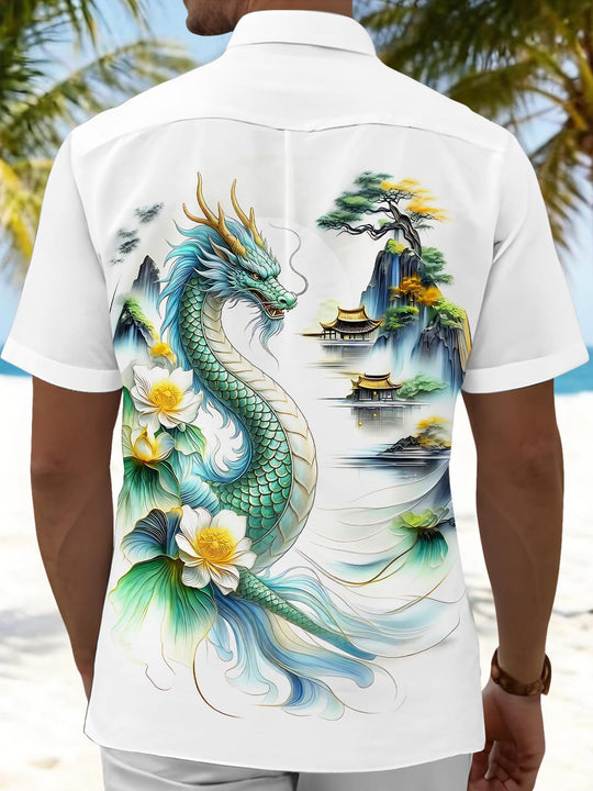Dragon Mountain Landscape Lotus Men's Pocket Short Sleeve Shirts