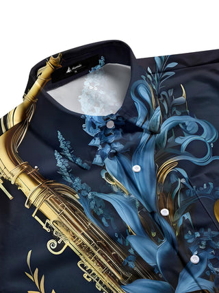men's guitar print shirt side view