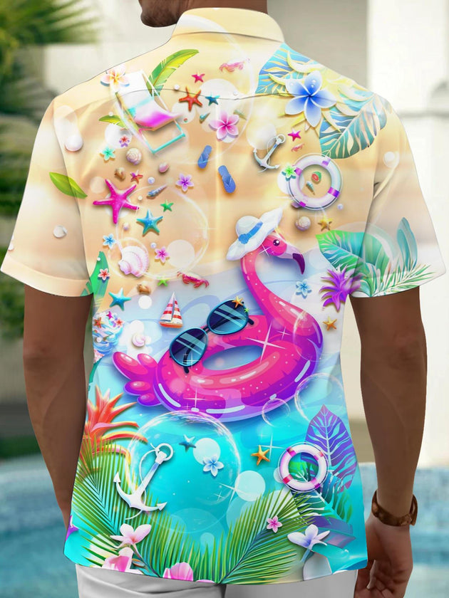 Men's blue Hawaiian floral short sleeve shirt back view for beach vacation