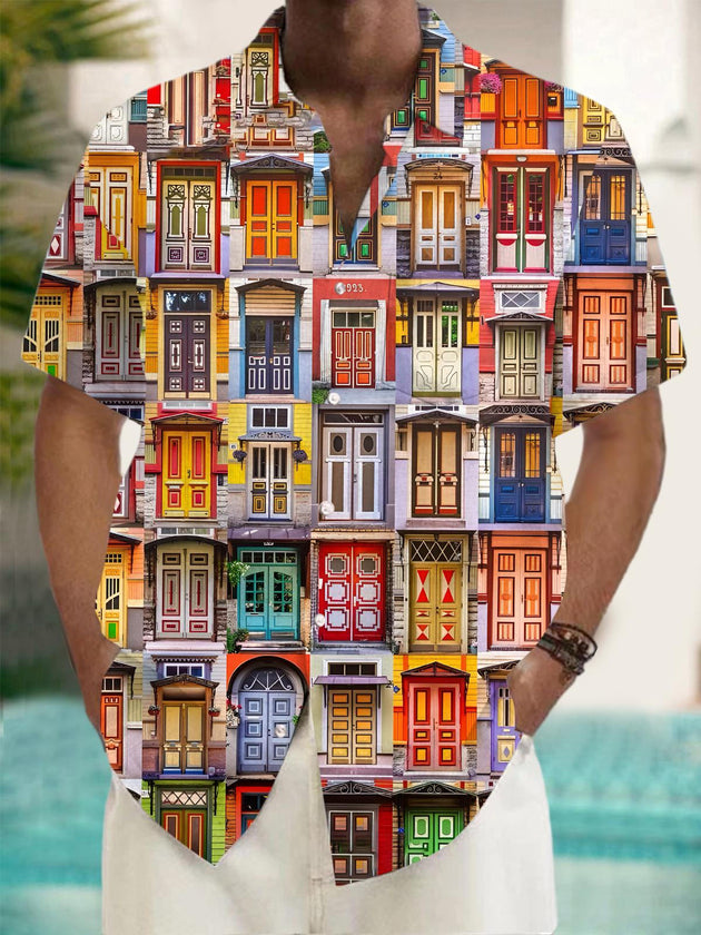 Men's Door Print Pocket Short Sleeve Shirt Front View