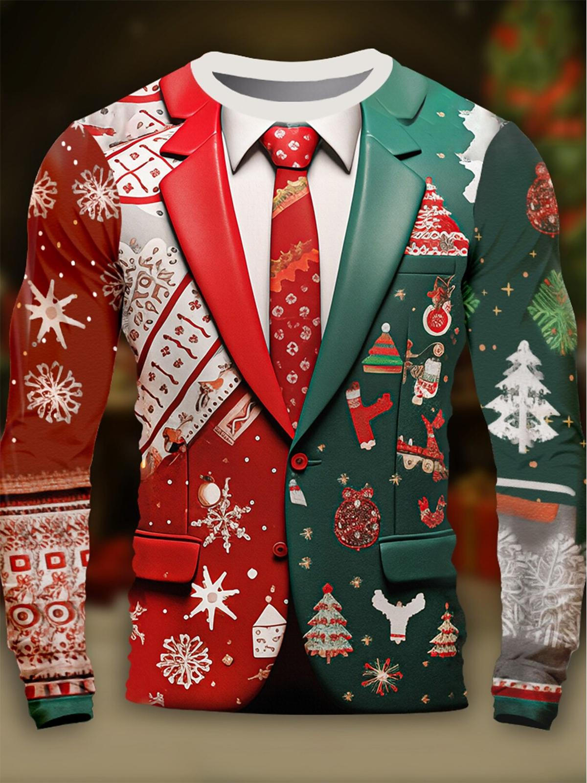 Funny Christmas Color Blocking Xmas Men's Print Round Neck Long Sleeve Sweatshirt