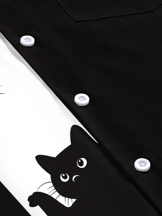 Men's black cat Hawaiian print short sleeve shirt flat lay