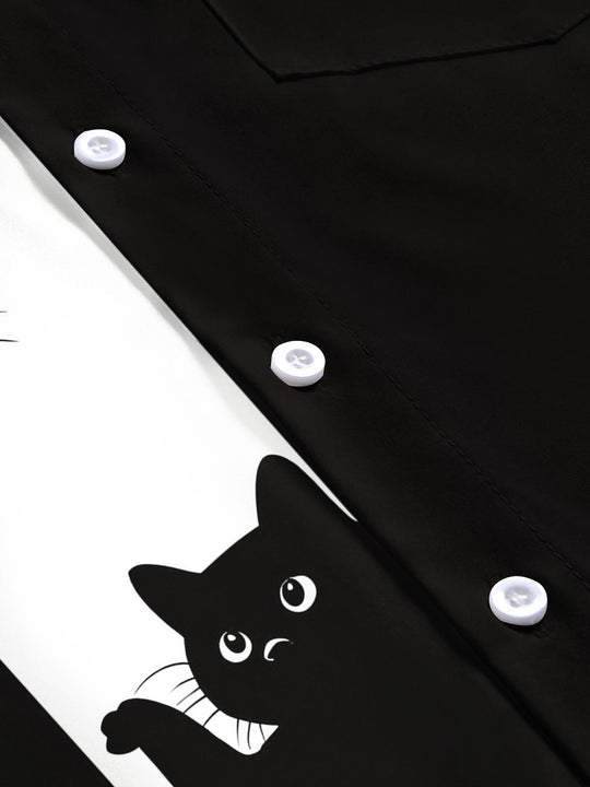 Men's black cat Hawaiian print short sleeve shirt flat lay