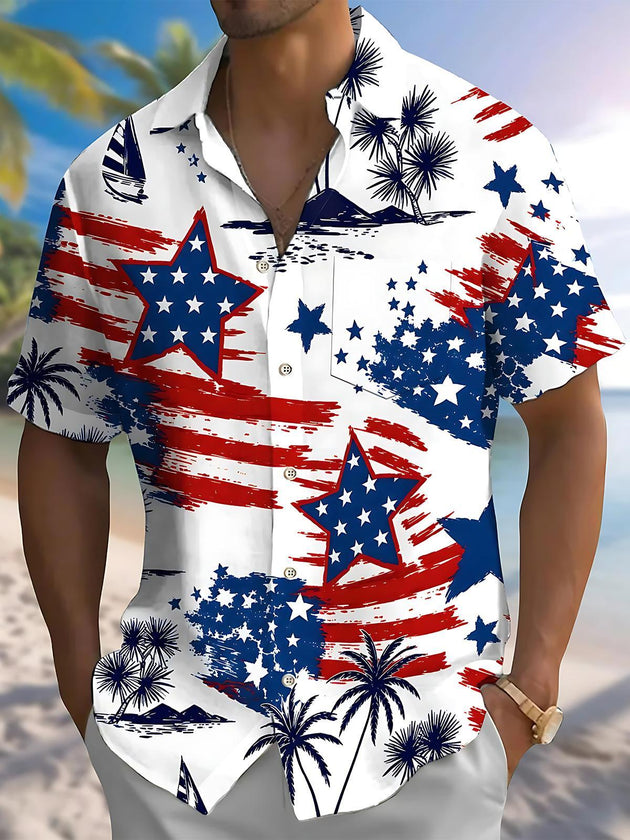 Independence Day American Flag Star Palm Tree Men's Pocket Short Sleeve Shirts