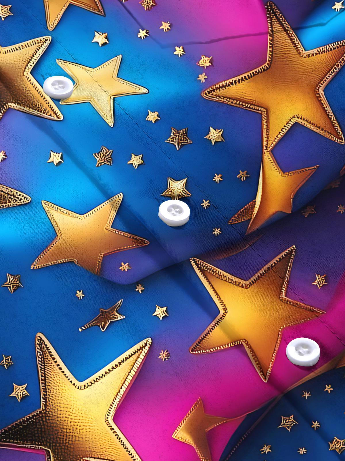 Gradient Star Print Men's Pocket Short Sleeve Shirts