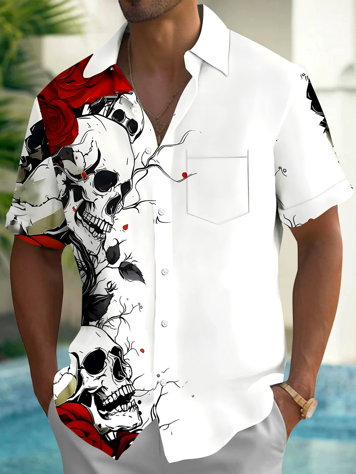 Skull Floral Men's Pocket Short Sleeve Shirts