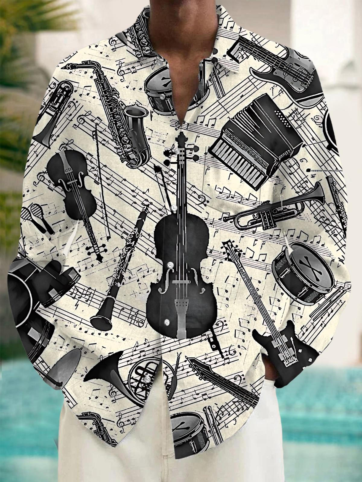 Vintage Musical Instrument Note Print Men's Pocket Long Sleeve Shirts