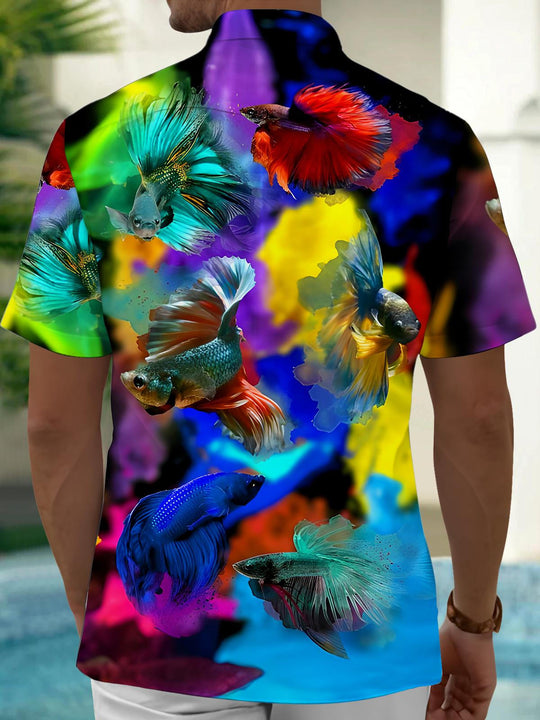 Men's fish print short sleeve Hawaiian shirt back view