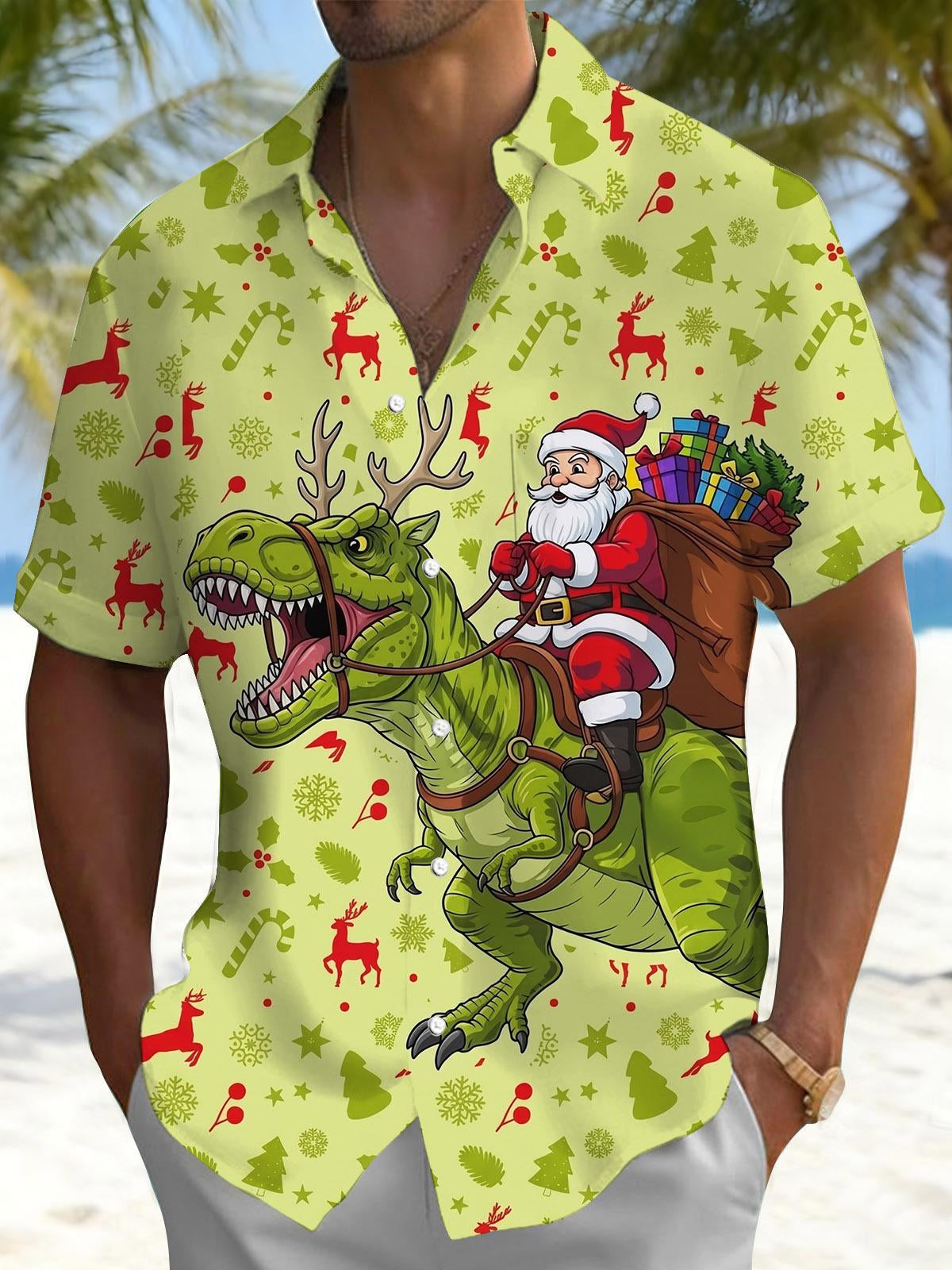 Funny Christmas Santa Dinosaur Print Men's Pocket Short Sleeve Shirts