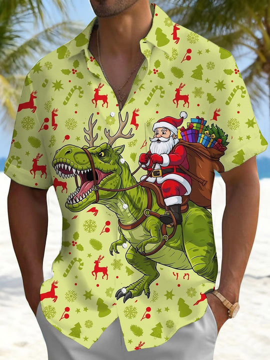 Funny Christmas Santa Dinosaur Print Men's Pocket Short Sleeve Shirts