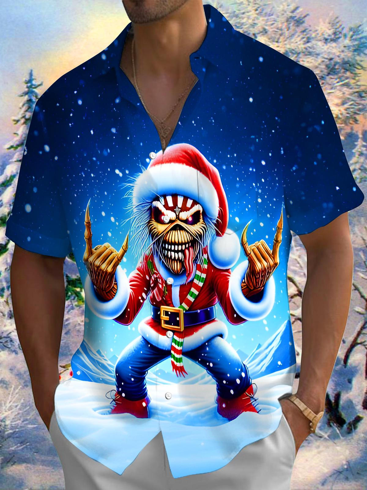 Fun Christmas Rock Monster Xmas Men's Pocket Short Sleeve Shirts