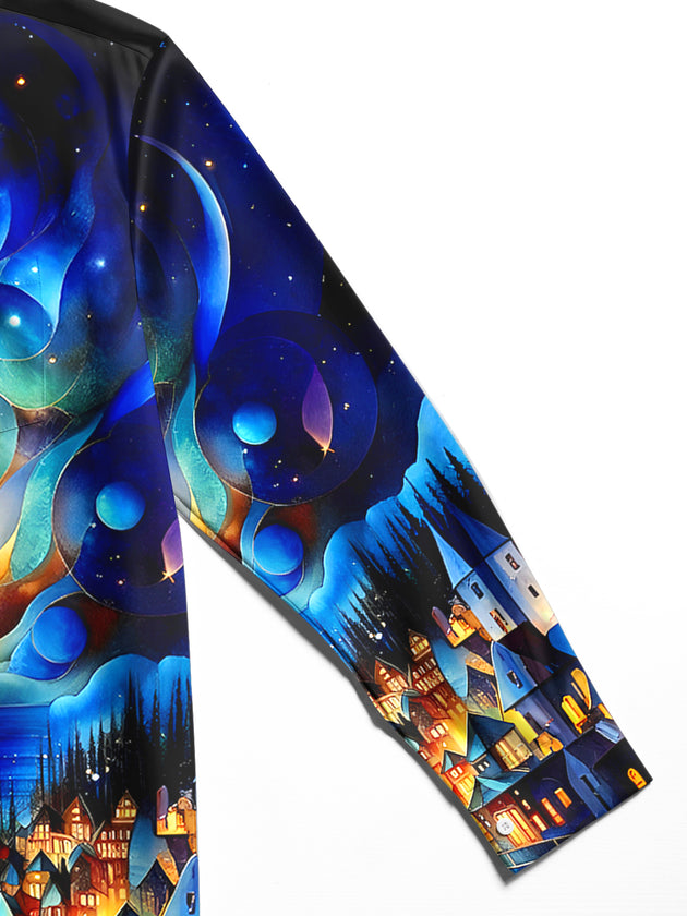 Men's long sleeve shirt detail emphasizing premium fabric texture and precise stitching