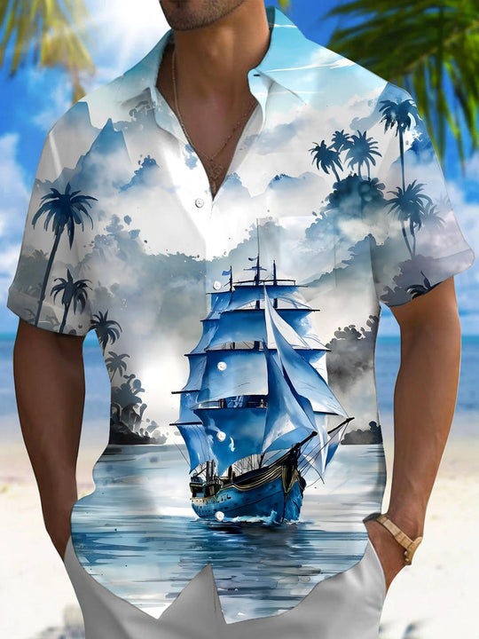 Men's blue Hawaiian short sleeve shirt front view for tropical beach vacation