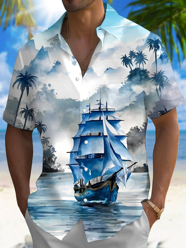 Men's blue Hawaiian short sleeve shirt front view for tropical beach vacation