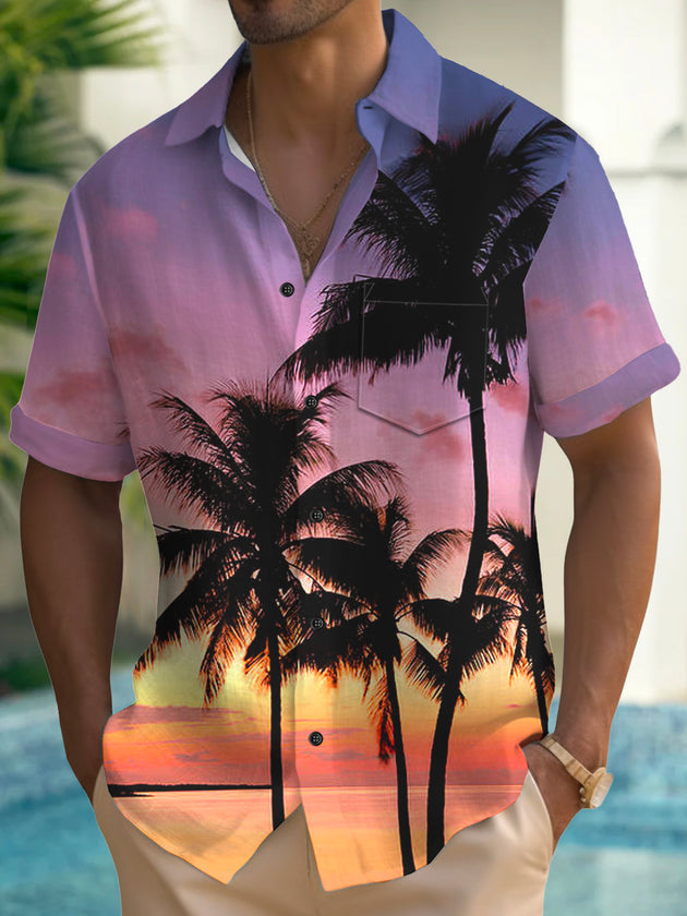 Men's retro Hawaiian short sleeve shirt with pocket front view for tropical beach vacation