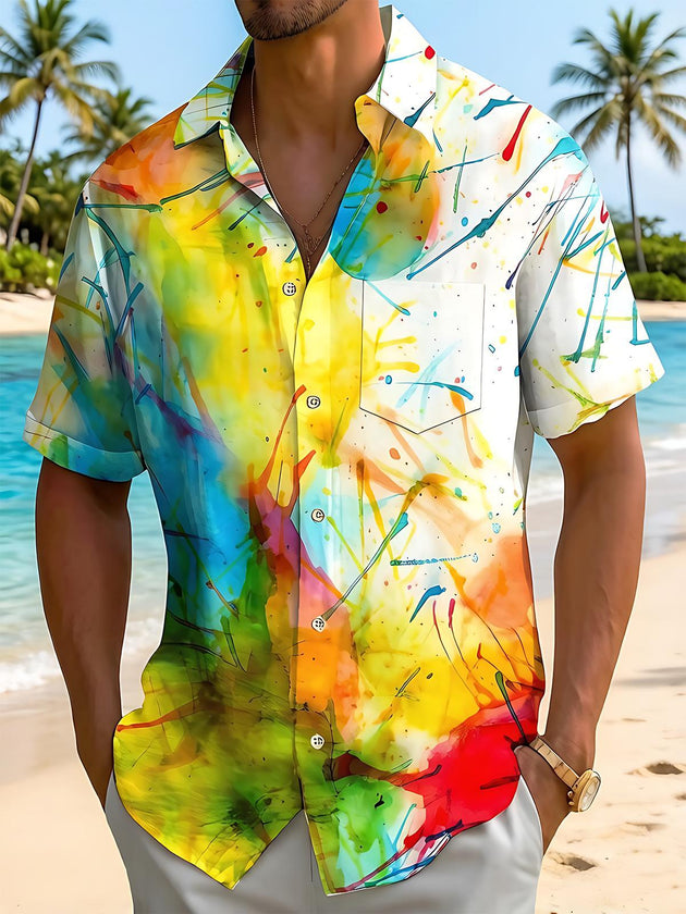 Art Colorful Watercolor Splash Men's Pocket Short Sleeve Shirts
