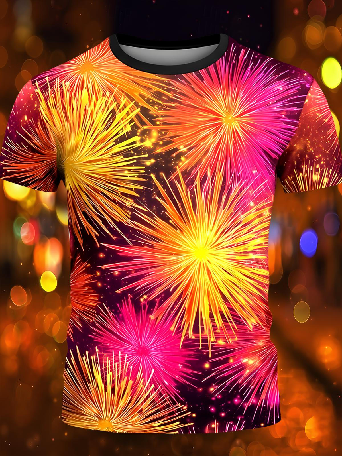 Fireworks Round Neck Short Sleeve Men's T-shirt