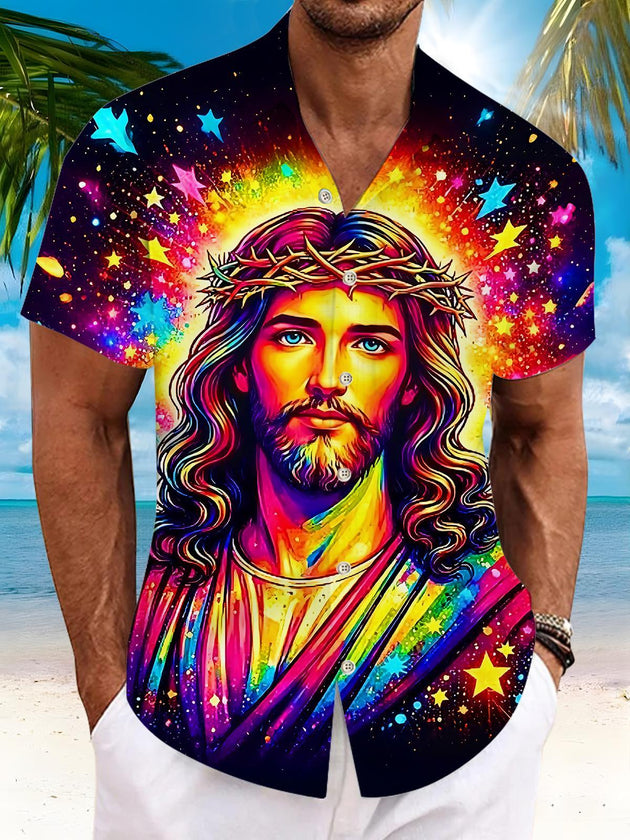 Psychedelic Colorful Tie Dye Jesus Starry Sky Religious Men's Pocket Short Sleeve Shirts