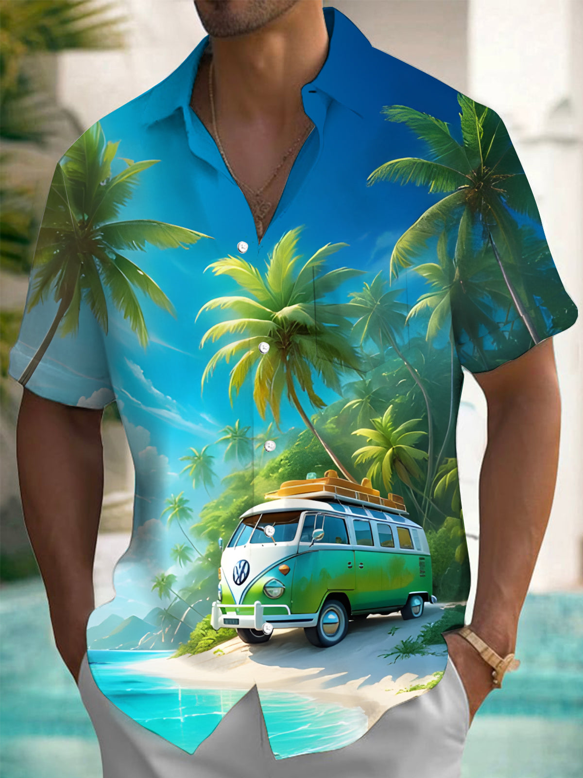 Hawaiian Coconut Tree Car Print Men's Pocket Short Sleeve Shirts