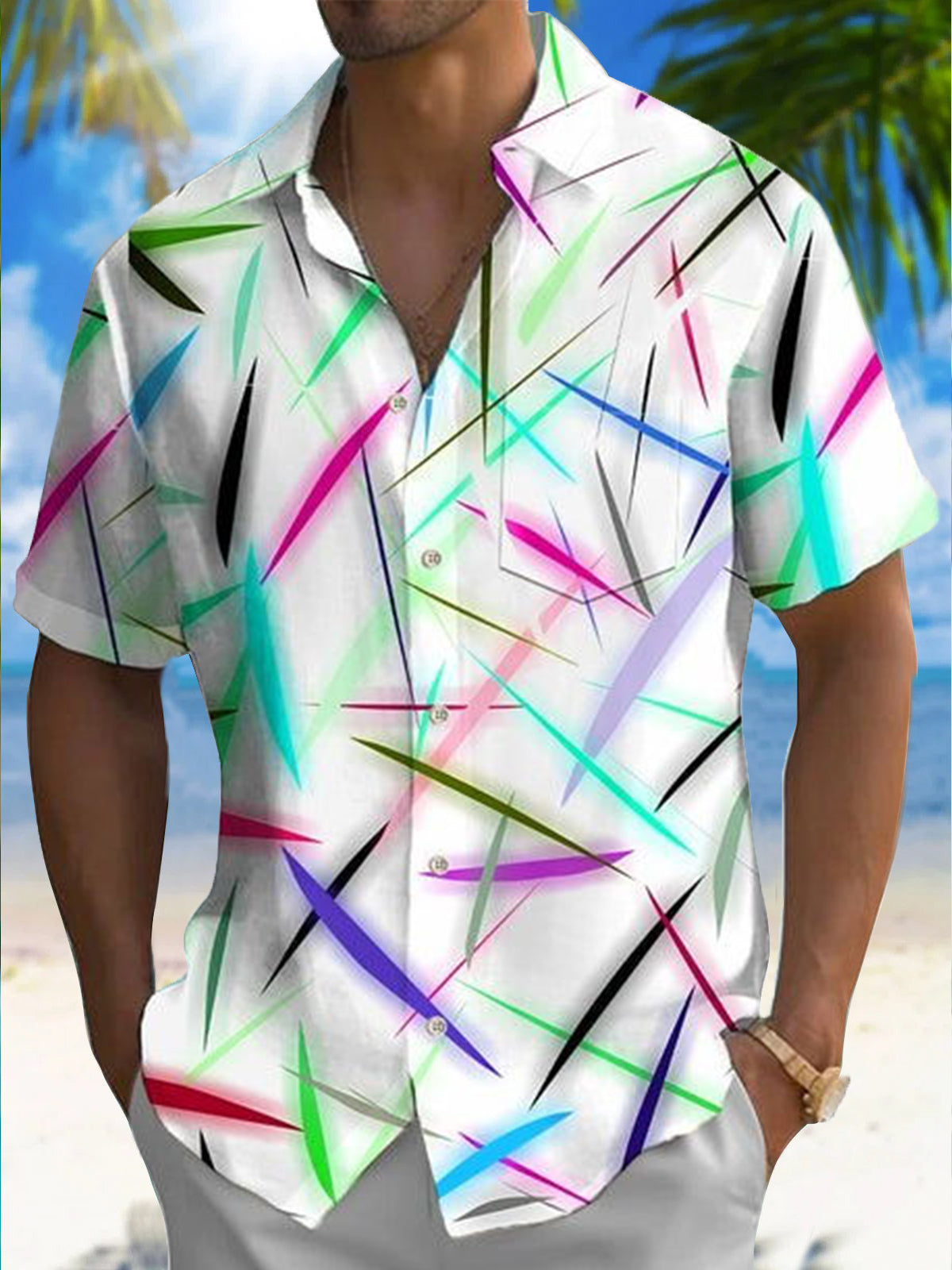 Geometric Pattern Lines Rainbow Men's Pocket Short Sleeve Shirts