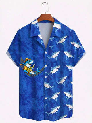 Men's Hawaiian shark print Cuban collar short sleeve shirt front view tropical beach vacation