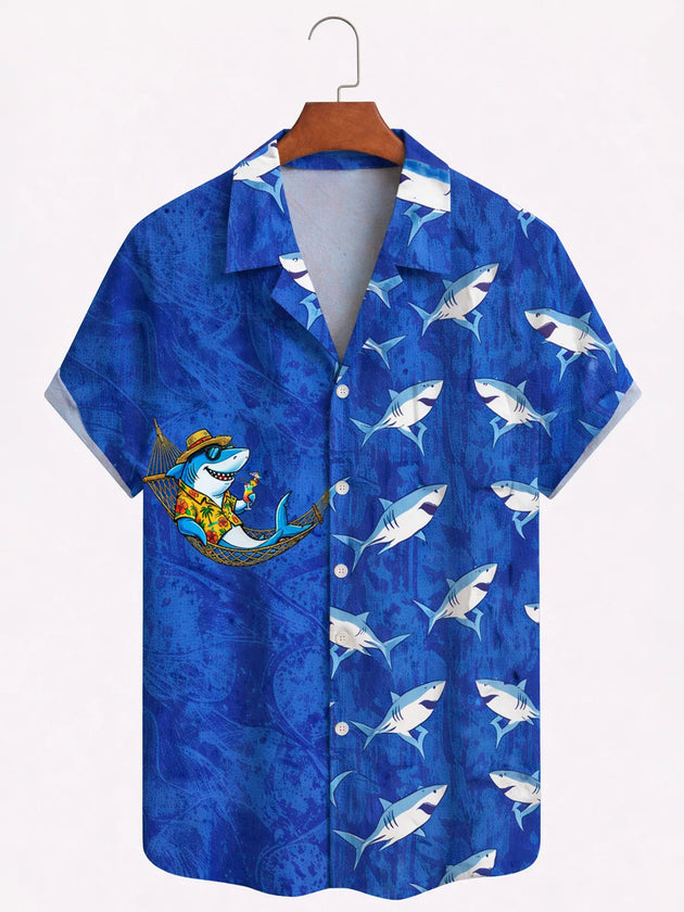 Men's Hawaiian shark print Cuban collar short sleeve shirt front view tropical beach vacation