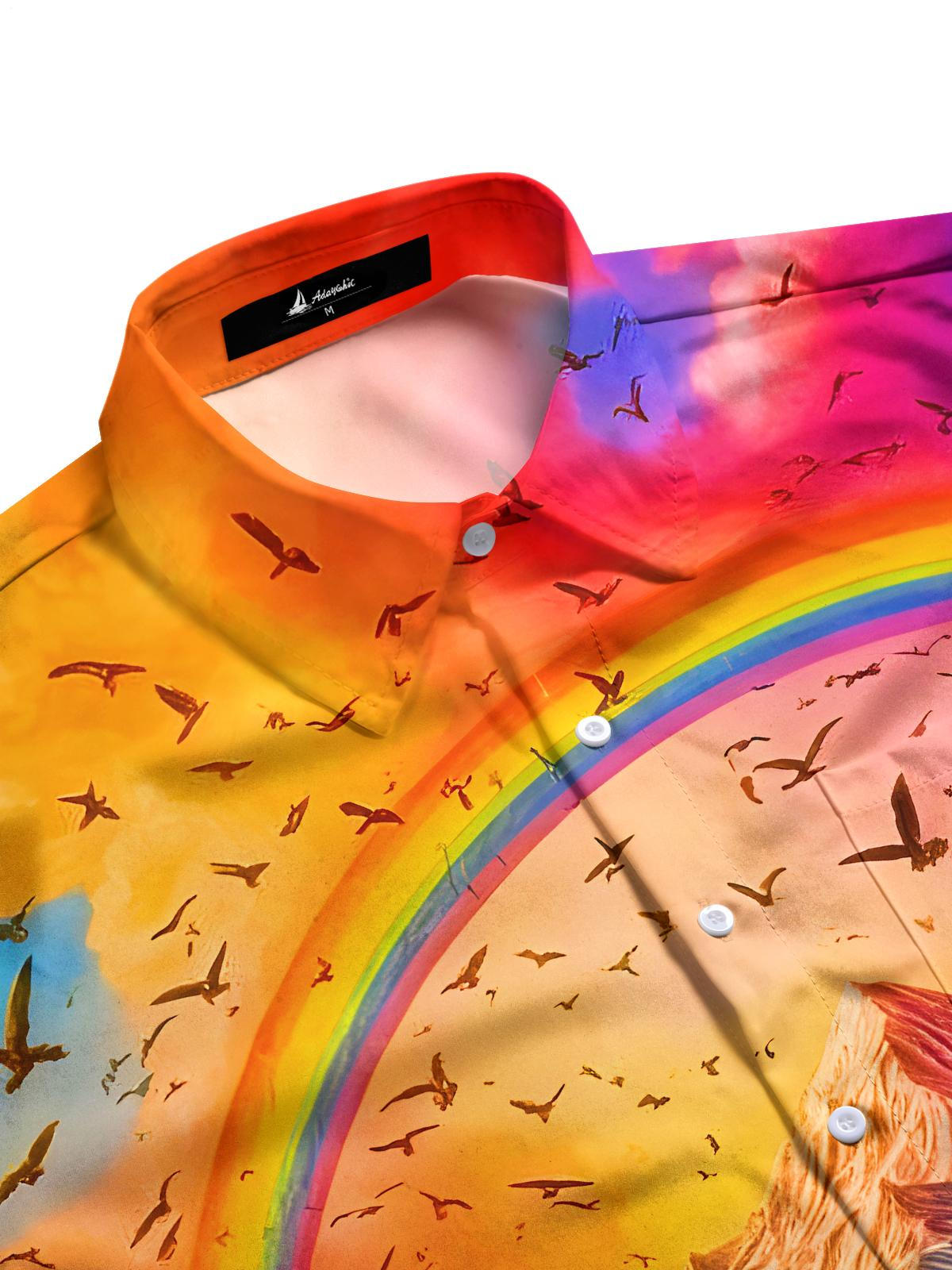 Rainbow Mountain Waterfall Birds Men's Pocket Long Sleeve Shirts