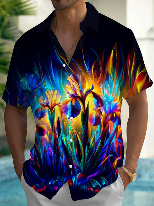 Men's floral short sleeve Hawaiian shirt front view for tropical beach vacation
