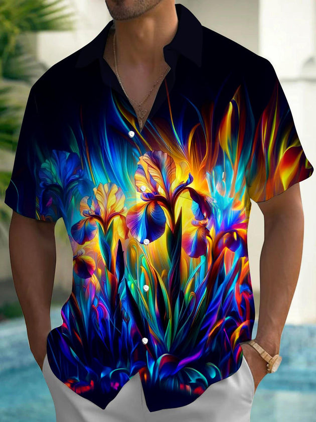 Men's floral short sleeve Hawaiian shirt front view for tropical beach vacation