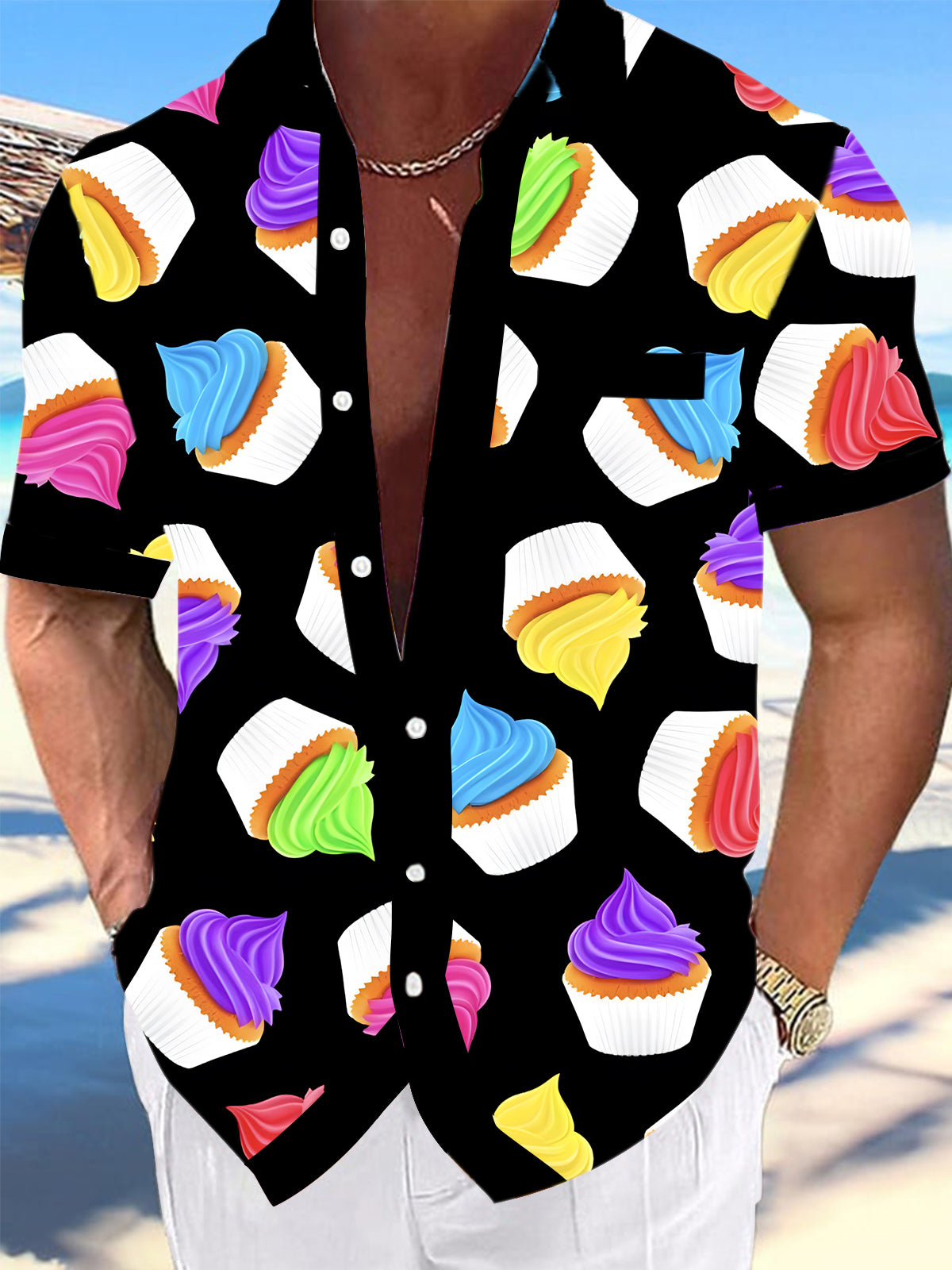 Ice Cream Print Men's Pocket Short Sleeve Shirts