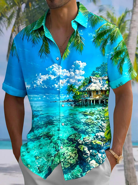 Hawaiian Beach Vacation Cottage Men's Pocket Short Sleeve Shirts