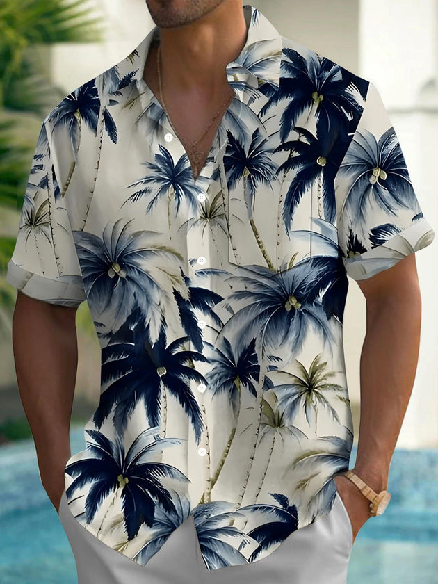 Men's Coconut Tree Short Sleeve Hawaiian Shirt Front View for Tropical Beach Vacation