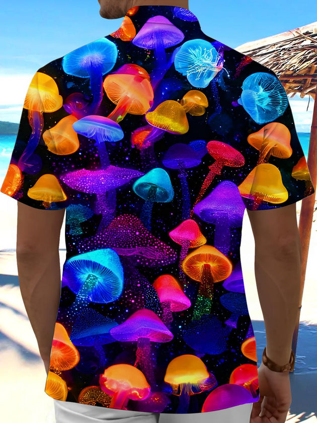 Men's colorful fantasy mushroom print short sleeve shirt back view
