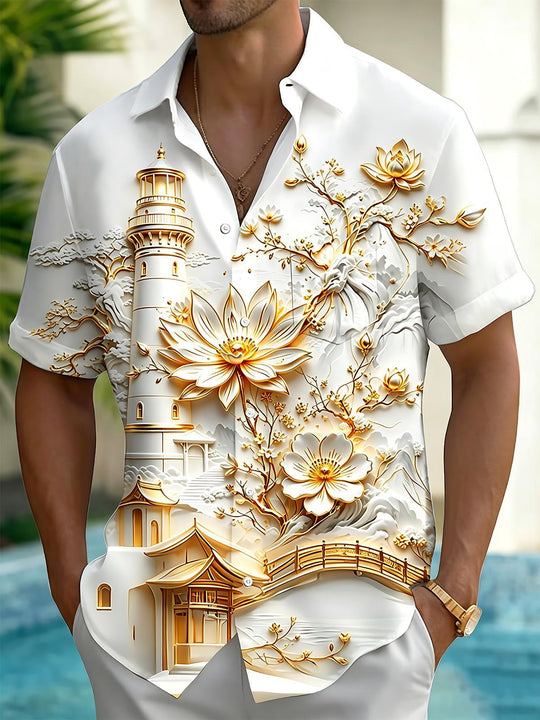 3D Art Gilded Lighthouse Lotus Landscape Pavilion Scenery Men's Pocket Short Sleeve Shirts