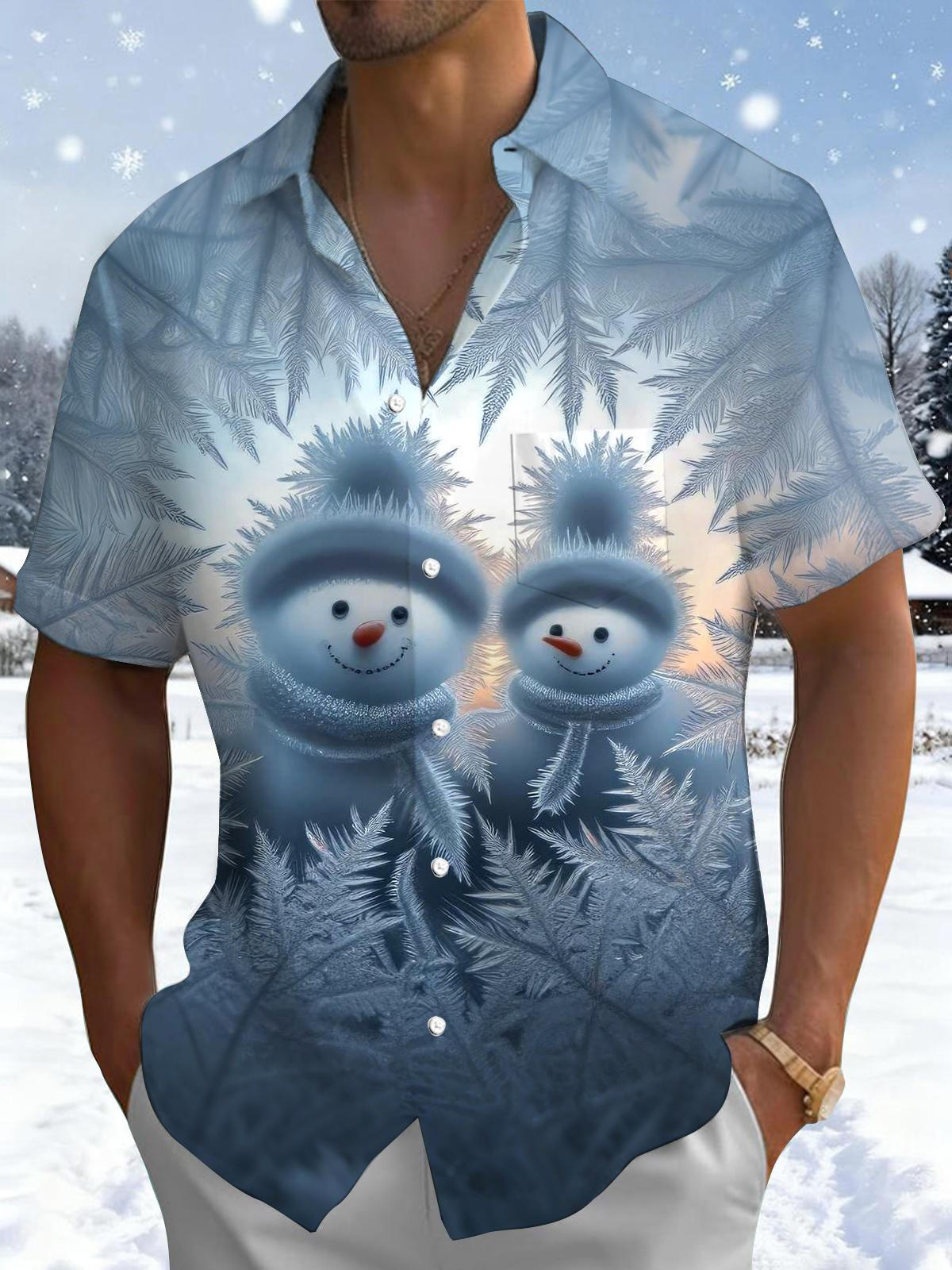 Snowman Print Men's Pocket Short Sleeve Shirts