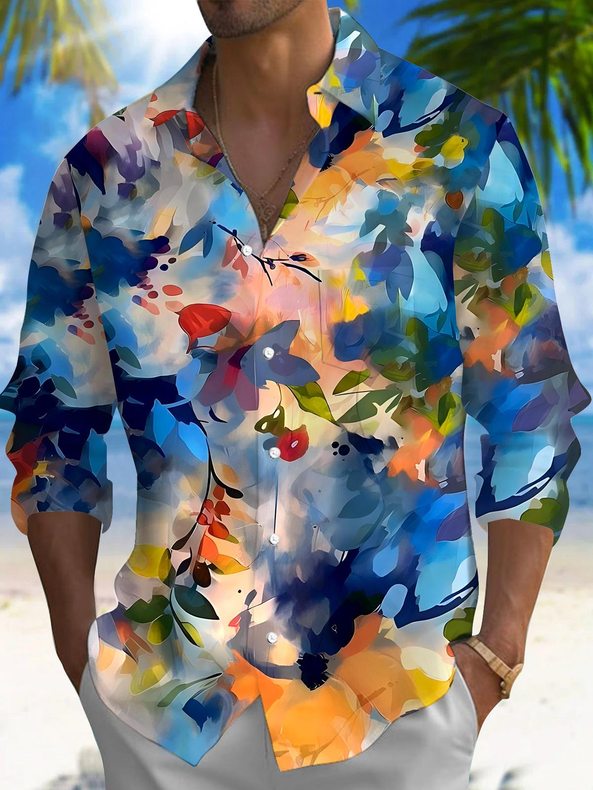 Tie Dye Leaf Men's Pocket Long Sleeve Shirts