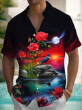 Bird Floral Print Men's Pocket Short Sleeve Shirts