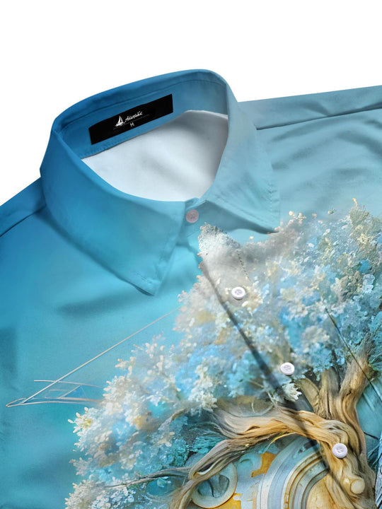 men's long sleeve shirt side view with tree of life pattern