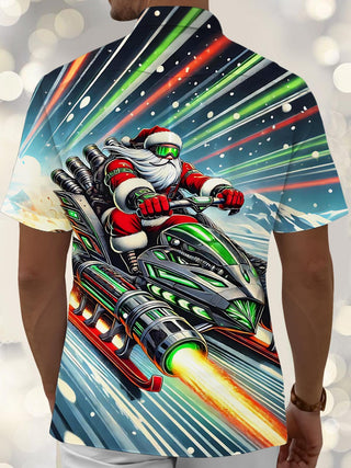 Men's Santa Claus print pocket short sleeve shirt back view