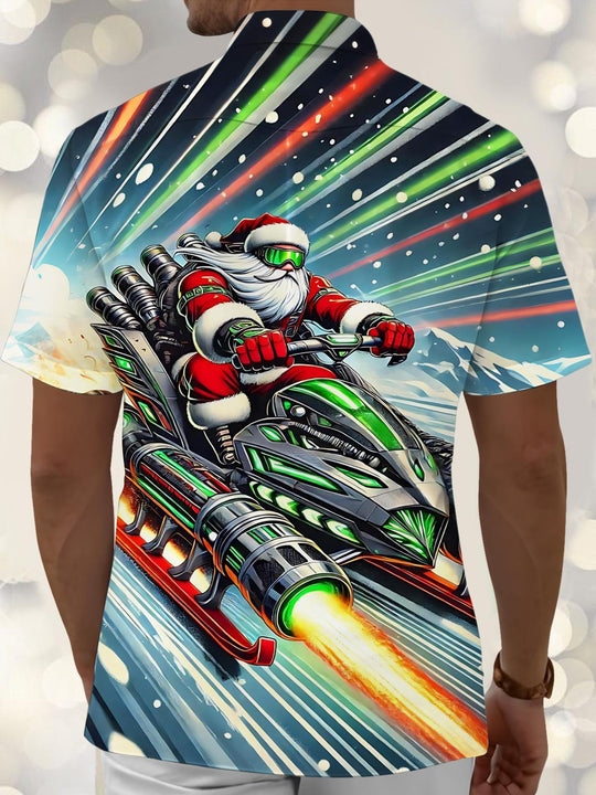 Men's Santa Claus print pocket short sleeve shirt back view