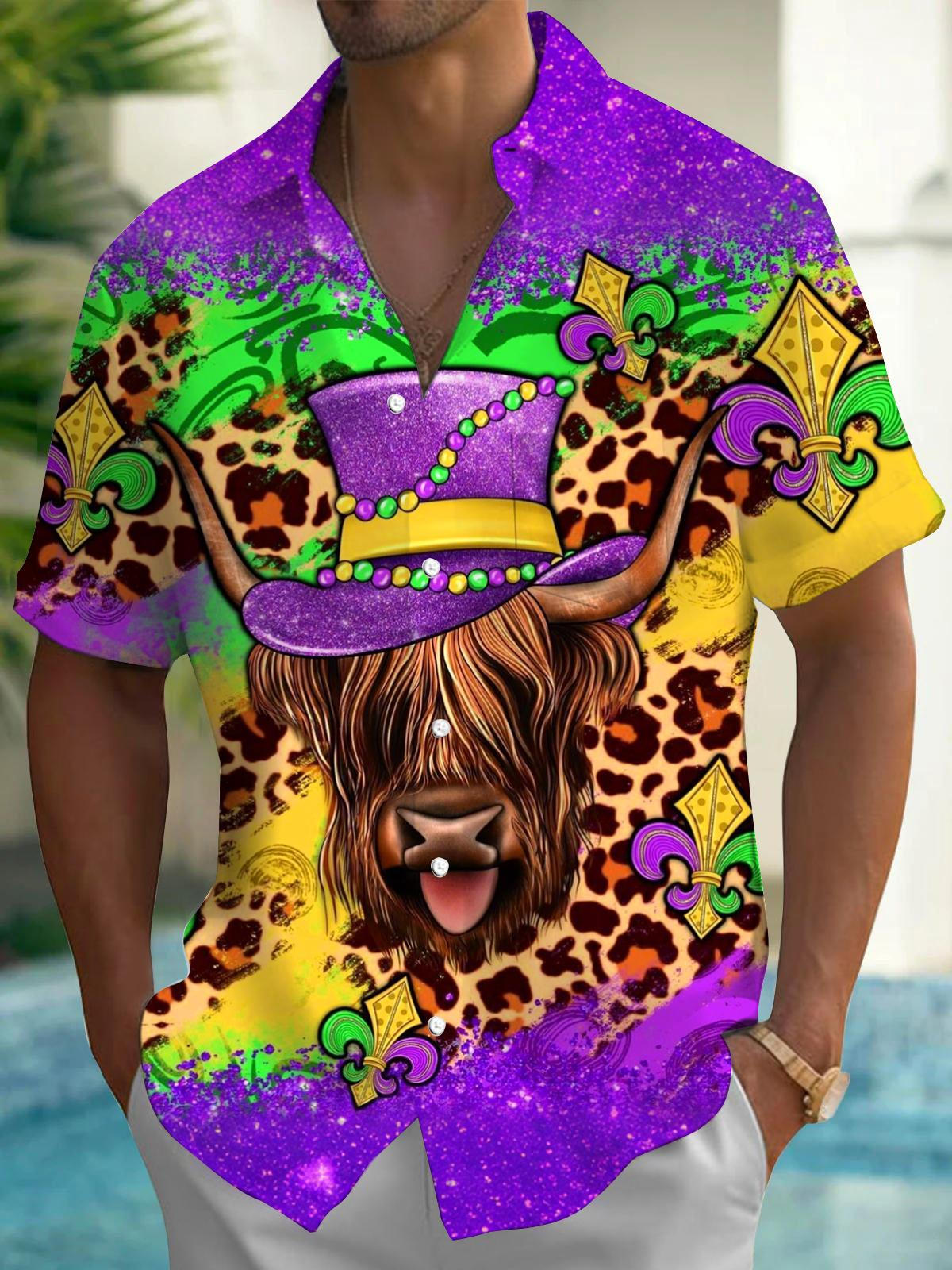 Mardi Gras Cow Print Men's Pocket Short Sleeve Shirts