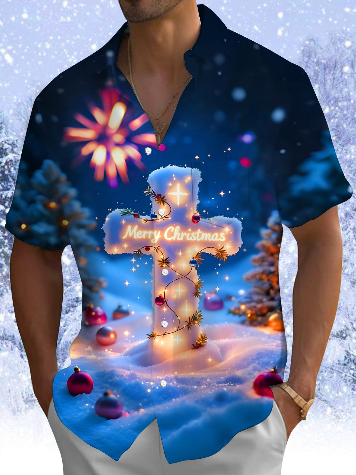 Snowy Christmas Cross Xmas Men's Pocket Short Sleeve Shirts